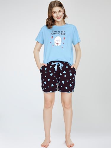 Image of ZEYO Night Suit for Women's Typography Printed Cotton Night Dress of Top and Shorts