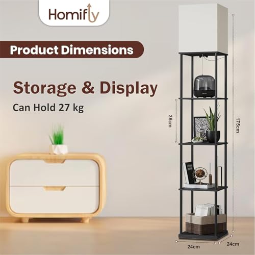 Image of HOMIFLY 5 Tier Metal Floor Lamp with Wooden Shelves /Square Lamp with 3 Adjustable Color Mode /Corner Display Book & Vase Shelf /Standing Night Lamps for Living-Study Room /Home Decor /Bedroom(Black)