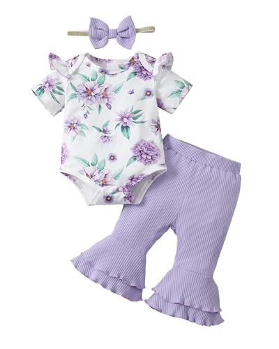 Image of SUNNY PIGGY Baby Girl Clothes Newborn Outfits Ruffle Floral Romper Flared Pants 3Pcs for Infant 0 3 6 9 12 18 24 Months