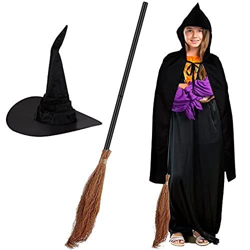 3 Pieces Classic Witch Halloween Cosplay Costume Includes Hooded Cloak Long Cape Witch Hat Large Ruched Halloween Witch Hat Witch Broomstick Costume Accessory for Children Halloween Party Decor