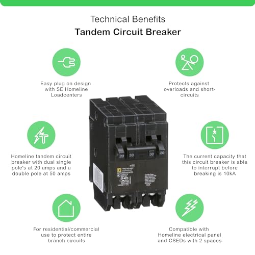 Square D Homeline Quad Tandem Circuit Breaker – 50/20/20A, 120/240V, 10kA, Plug-On Design
