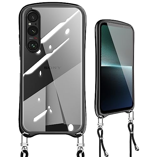 Xperia 1 V ケース クリア ショルダー Sony Xperia1 V カバー 肩掛け 首掛け ストラップ付き 斜めかけ 縄掛け 紐付き 薄型 軽量 TPU バンパー 耐衝撃 シリコン メッキ加工 韓国 ソニー エクスペリア 1 V スマホケース