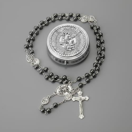 Nazareth Store St Michael Rosary Hematite Stone Beads Necklace Metal Beaded Glory Beads Archangel Medal & Cross with Metal Gift Box4