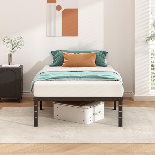 Image of HLIPHA Metal Platform Bed Frame 14 Inch Tall Bed No Box Spring Needed,Twin Size Bed with Sturdy Slat Support,Easy to Assemble,Black