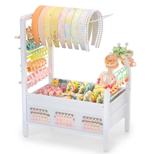 Headband Holder Organizer for Girls and Women - Versatile Hair Accessory Organizer for Dresser Decorative Headband Storage Stand Rack for Scrunchies Hair Ties Claw Clip Bow & Earrings (White)