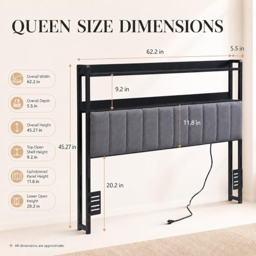Image of Upholstered Queen Headboard with Storage and USB (Queen (U.S. Standard))