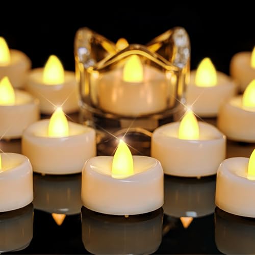 Image of Merrynights LED Candles, 12-Pack Battery Operated Tea Lights, Flameless Flickering Tealights for Fall Home Party Wedding in Warm Yellow, 1.5'' D X 1.25'' H