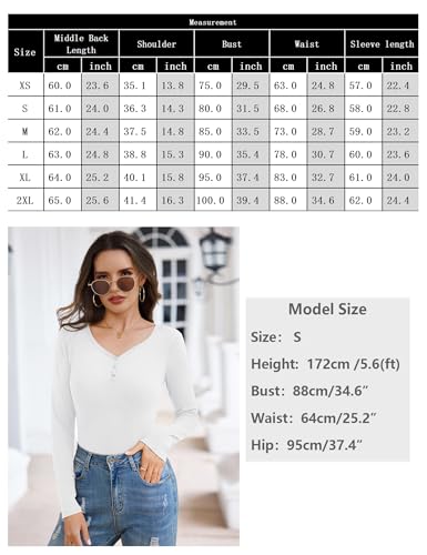 Aottori Camiseta Manga Larga Mujer Cuello en V Camisetas Elegante Punto Acanalado Blusas con Botones Ajustado Elástico Básico Túnica Top Blanco S