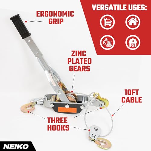 Image of NEIKO 02254A Come Along Winch, 4-Ton (8,000lbs) Pulling Capacity, 9.8Ft, 3 Hook, Heavy Duty Power Cable Come Along Tool with Dual Gears, Hand Winch Cable, Automotive Hoist Winch Puller, Recovery Gear