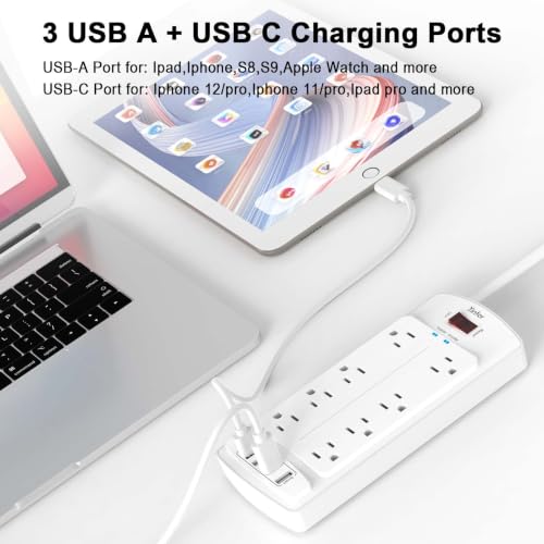 Image of Surge Protector Power Strip, Yintar 10 Feet Flat Plug Extension Cord with 8 AC Outlets and 4 USB Ports, 2700 Joules, ETL Listed, White