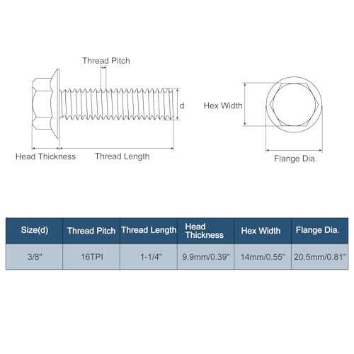 QUARKZMAN 10 Stück 3/8-16 x 1-1/4 Sechskantschrauben mit Flanschkopf, 304 Edelstahl Sechskantschrauben, Sechskant Antriebsschrauben 5.8 Klasse für Maschinenindustrie Haushaltsgeräte, Silber