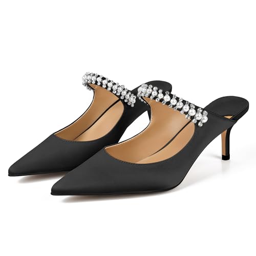 Image of XINIUNIU Heeled Mules for Women Rhinestone Heels Pointed Toe Slip On 2.5 Inch Kitten Stiletto Closed Toe Sandals Dress Wedding Pump Shoes