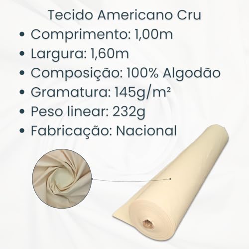 1 Metro Tecido Americano Cru 145gr/m² 100% Algodão Largura: 1,60m