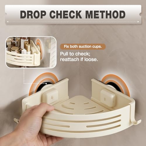 Image of Conworld Corner Shower Caddy Suction Cups, Corner Shower Shelf, Shower Organizer Suction for Bathrooms Storage with Hooks, No-Drilling Removable (Aluminum, 2-Pack, Cream)