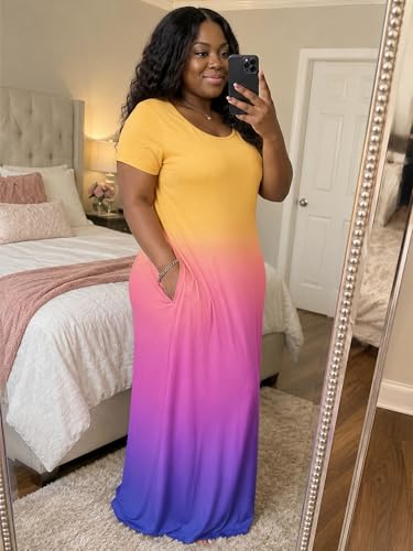 Image of PinkPatty Women's Plus Size Maxi Dresses Short Sleeve Sundress Summer T-Shirt Beach Long Dress with Pockets