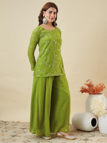 Image of MOKOSH Women's Georgette Short Kurti Palazzo with Dupatta | Short Kurti Set |Ethnic Kurta Set for Women | Sweetheart Neck Full Sleeve | Indian Kurta Outfit With Palazzo Pants