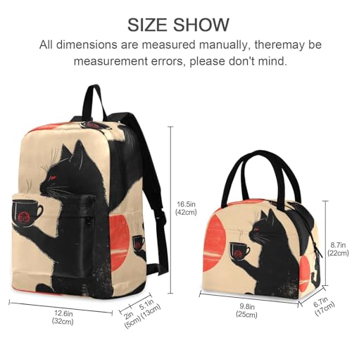 Cat and Tea Print Backpack Set with Lunch Bag, Large Capacity Travel Backpacks and Lunch Box Insulated for Commute Hiking Picnic2