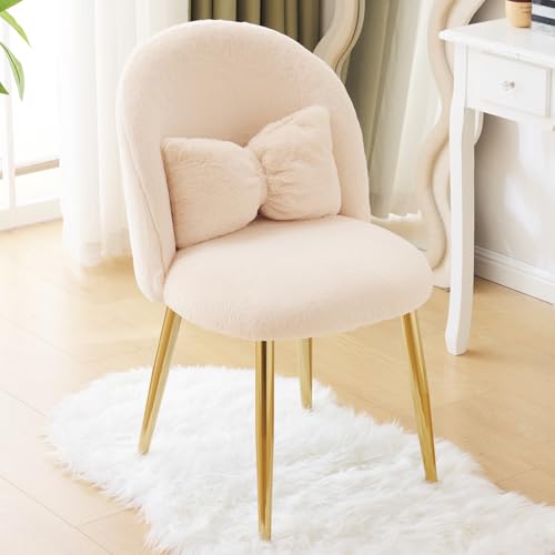 Bonnlo Silla de Maquillaje, Silla Tocador, Sillas de Comedor, Patas Doradas Ajustables y cojín con Lazo para Dormitorio, Sillón Salón para Tocador u Oficina en Casa (Tejido de Peluche, Khaki)