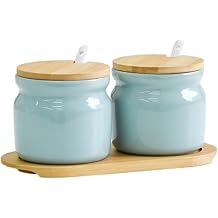Set of 2 Ceramic Sugar Bowl with Spoons Bamboo Lids and Tray, 10oz/300ML Condiment Pots Spice Jars Set for Serving Sugar, Tea, Coffee, Spice, Salt