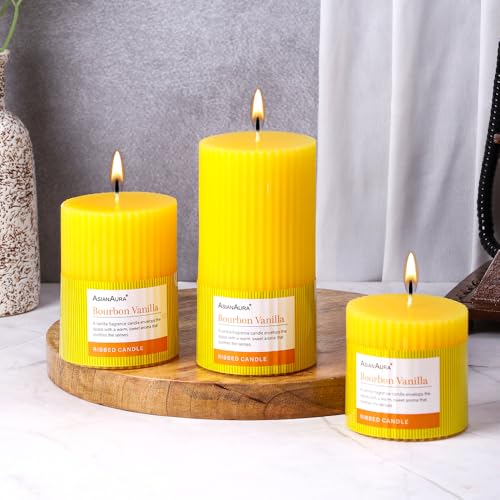 Image of ASIAN AURA Ribbed Pillar Candles - Pack of 3 | Scented Candles for Home Decor, Gifting & Festive Use | Long Burn time up to 36hrs | Clean-Burning Wax & Smokeless Flame (Bourbon Vanilla)