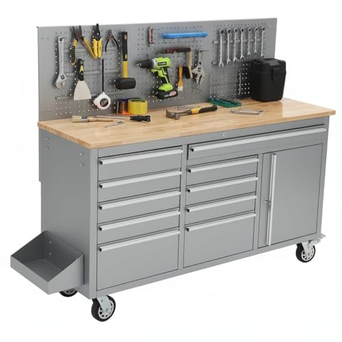 Silver rolling workbench with ten drawers, pegboard back and wood top — storage and work surface in one 63.4 in unit
