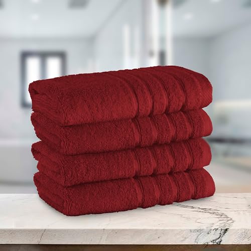 Image of Elegant Comfort 100% Turkish Cotton 4 Lines Viscose Stripe Luxury 4 Pack Hand Towel Set - Ultra Absorbent and Soft 16 x 28 Inch Premium Hotel Spa Quality Towels for Everyday Bath Use, Burgundy