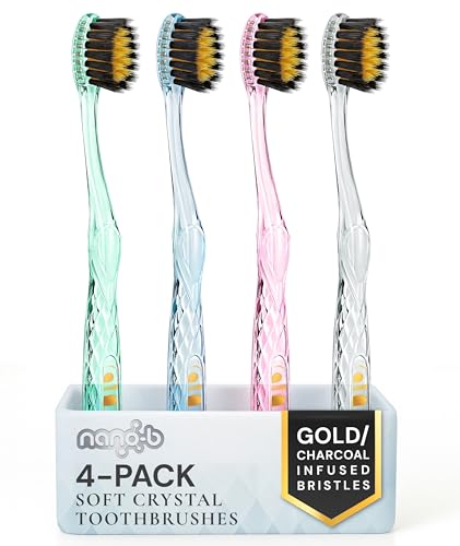 Image of Nano-b Manual Toothbrush Set for Adults with Sensitive Gums, Gold & Charcoal Soft /Medium Bristles, Travel Cases, Blue, Pink, Green, Crystal, 4-Pack