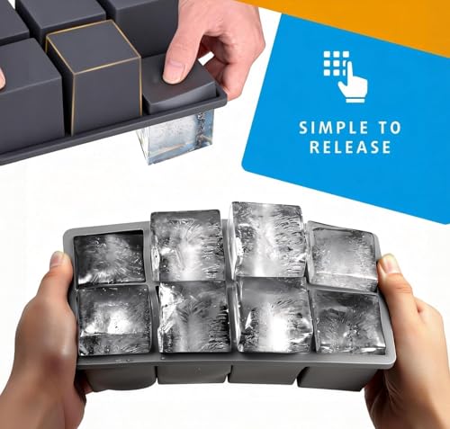 Image of Large Ice Cube Tray for Whiskey: 3 inch Big Silicone Ice Tray with Lid for Whisky - 3Pack Old Fashioned Ice Cube Trays for Cocktail - Huge Square Cubed Bourbon Ice Cube Maker