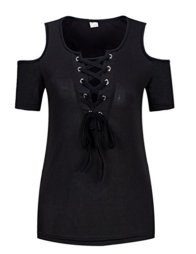 SEMATOMALA Women's Cold Shoulder Sexy Lace Up V Neck Short Sleeve Tee Shirts Tops Clubwear Plus Size3