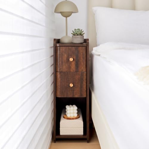 Image of FurSch Narrow Nightstand, Wooden 2 Drawer, Cherry Walnut, 1 pc