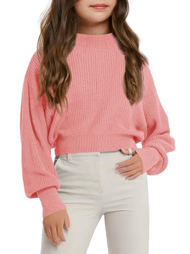 Image of Haloumoning Girls Knit Pullover Sweaters Mock Neck Long Lantern Sleeve Jumper Tops 5-14 Years