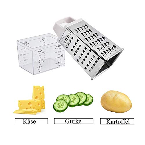 LEVIN - Rallador cuadrado con 4 superficies de rallado para rallar y cortar fino y grueso, rallador de cocina de acero inoxidable 430 con recipiente recogedor