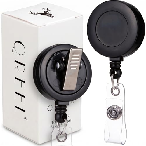 QREEL Retractable Badge Holder with 360° Swivel Alligator Clip, ID Badge Reels with 30-Inch Nylon Cord & Vinyl Strap, Name Tag Holder for Nurses, Office Workers, Teachers (2 Pack, Black)