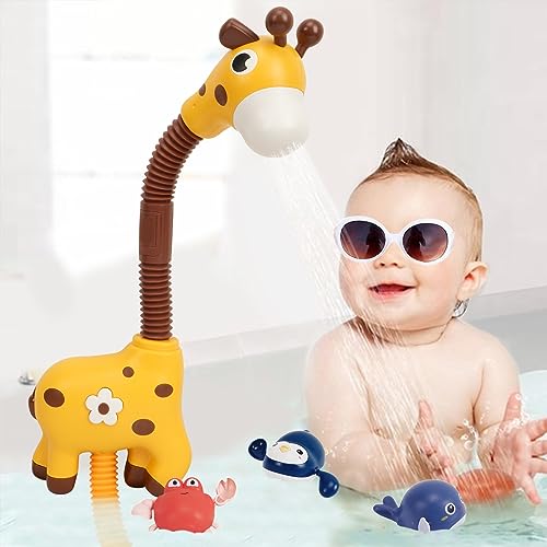 SCLLNDA Juguete de Baño de Jirafa para Bebé ,1 PCS Cabezal de Ducha de Jirafa y 3 PCS Juguetes de natación,Juguete de baño,Juguetes giratorios para niños pequeños , para bebés de más de 6 Meses
