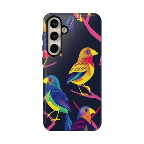 Coque Samsung S24 Plus oiseaux colorés fluo rigide et brillante bleue