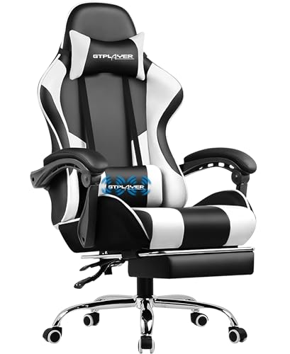 GTPLAYER Silla Gaming con Masajeador Ergonómica Silla Gamer con Reposapiés Reposacabeza，Soporte Lumbar Silla Juego Ajustable en Altura con Asiento Giratorio para Oficina o Juegos Blanco