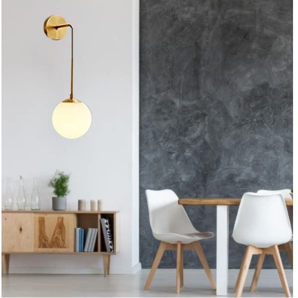Image of WOKE Adjustable Golden Wall Lamp, Premium Plated Finish, White Globe Glass, Modern Wall Light for Home, Living Room, Bedroom, Office, Hotel, E27 Holder, 8-24 Inch Adjustable Height Bulb not Included