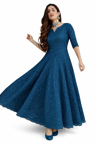 Image of LookMark Women's Chikankari Embroidered Ethnic Gown, Ankle Length Flared Dress, 3 /4 Sleeves, Traditional Indian Wear