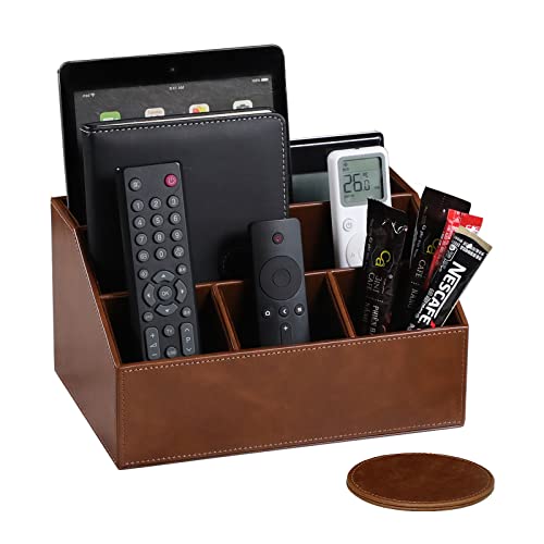 MEIBOOCH Schreibtisch-Organizer mit Untersetzer, Schreibtisch-Organizer aus PU-Leder mit Fernbedienung und Aufbewahrung für Lehrer, Schreibtischdekoration, Bürobedarf, Zuhause (Braun) Cover