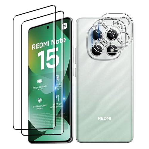 Bihizei Protector de Pantalla para Xiaomi Redmi Note 15 4G, 2 Piezas 3D Protector Cristal Templado + 2 Protector de Lente Cámara, Fácil de Instalar, Anti Arañazos, 9H Dureza