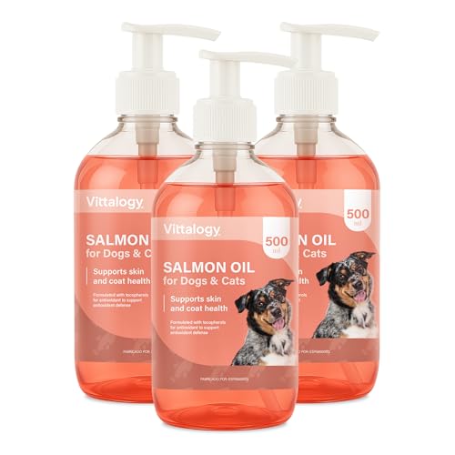 VITTALOGY Aceite de Salmón para Perros y Gatos. Suplemento Natural Rico en Omega 3 EPA y DHA. Antiinflamatorio. Mejora Piel, Pelo y Articulaciones Refuerza Inmunidad y Salud Cardiovascular (3 Botes)