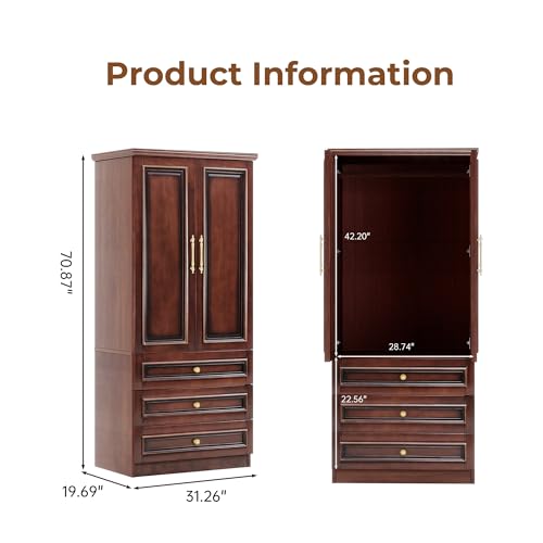 Solid Wood Armoire Wardrobe Closet: 70.87" Wardrobe Cabinet Storage,Clothes Organizer with Doors,Shelves,Hanging Rods and Drawers,American Style Freestanding Bedroom Cherry Red Finish - Image 3