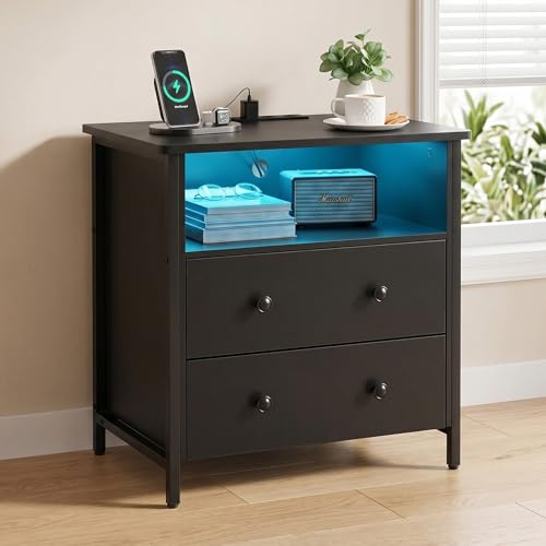 Tykacna 27 Inch LED Nightstand with Charging Station & 2 Drawers, Black