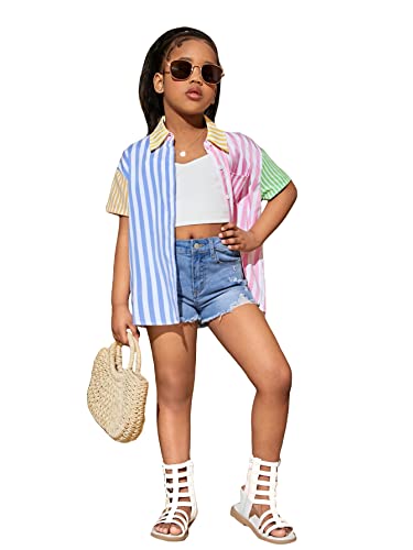 WDIRARA Girl's Striped Short Sleeve Button Front Shirt Collar Blouse Pocket Tops