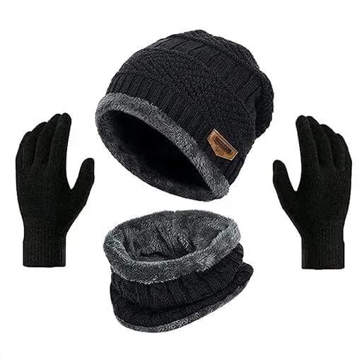 Woolen Winter Cap, Neck Warmer & Touchscreen Gloves Set Combo for Men & Women | Premium Beanie Muffler Set for Cold Weather | Soft, Stretchable, Warm & Stylish (Maroon & Black)