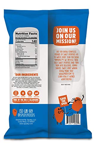 Spudsy Sweet Potato Puffs | Vegan, Gluten Free Snacks | Plant-Based, Allergen-free, Non-GMO, Kosher, Superfood Snack | Spicy Vegan Buffalo Ranch (8 Pack, 1 oz Bags)
