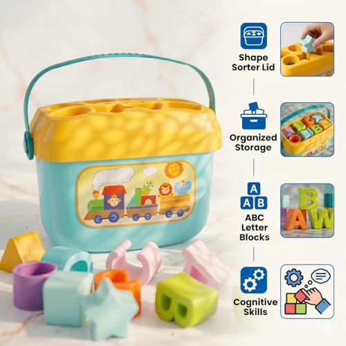 Image of Goyal's Shape Sorter Toy for Toddlers | Shape and Color Learning with ABC & Shapes Blocks | Sorting and Matching Playset with Carry Handle for Easy Storage for Kids (16 Alphabetic Shape Blocks)