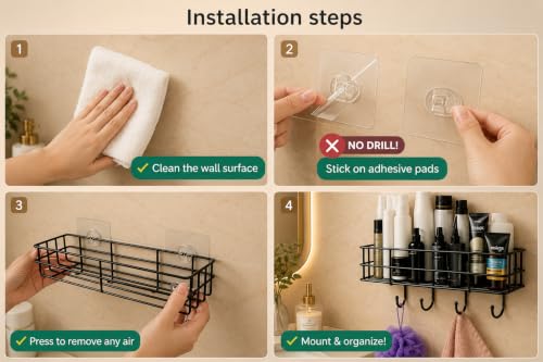 Image of Oslen (Pack of 2) Self-Adhesive Multipurpose Bathroom Shelf | Wall Mounted Bathroom Rack Organizer | No Drill Storage Shelf for Bathroom & Kitchen | Bathroom Accessories Set for Home | Black
