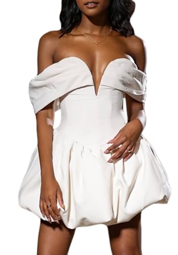 DINGANG Women's V Neck Off Shoulder Bubble Mini Dress Y2K Sexy Backless A Line Party Cocktail Puffy Short Dresses