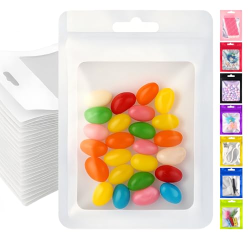 Plaphy 100 szt. woreczków strunowych Mylar z okienkiem, matowe ziplock, torebki próbne Mylar z otworem do zawieszania, do przechowywania żywności, biżuterii i akcesoriów (Biały, 16 x 24 cm)